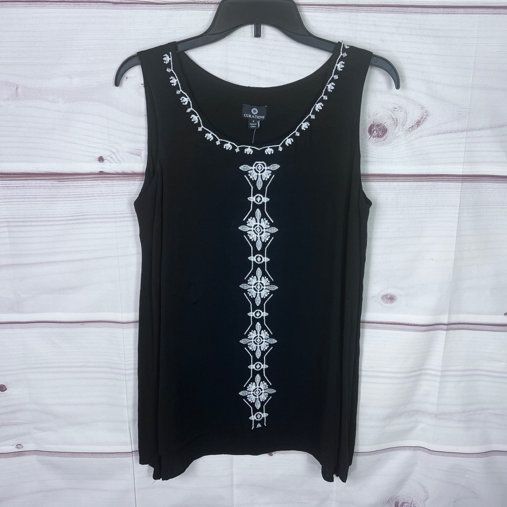 Curations Top Womens S Black Floral Embroidered Tank Scoop Neck Sleeveless Woven